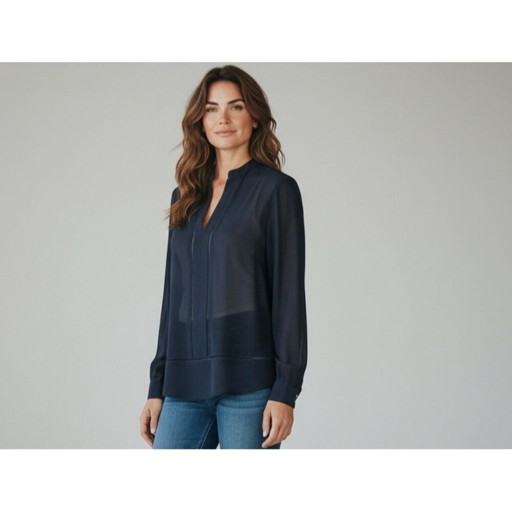 Michael Kors Womens Navy Sheer Long Sleeve Blouse M